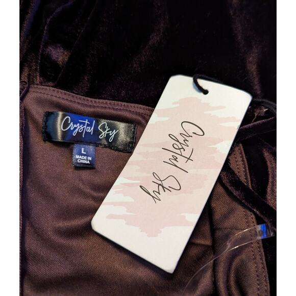 New Crystal Sky sz L Stretchy Bodycon Dress sleeveless tank brown velour T4 - Picture 4 of 4